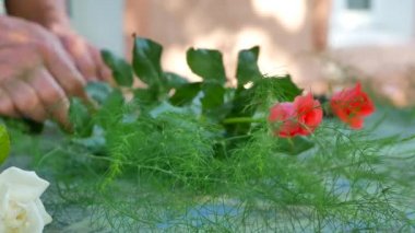 Kadın çiçekçi eller gül buketi Çiçekçi dükkanı için masada açık yapma