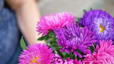 Kadın çiçekçi eller buket Michaelmas'la daisy veya aster ile yapma