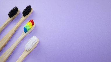 Gökkuşağı beyaz ve siyah menekşe veya mor zemin üzerine bambu diş fırçası. Irkçılık, sosyal dışlanma, depresyon ya da yalnızlık, sosyal sorunlar ya da yasa dışı göç kavramı