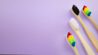 Gökkuşağı beyaz ve siyah menekşe veya mor zemin üzerine bambu diş fırçası. Irkçılık, sosyal dışlanma, depresyon ya da yalnızlık, sosyal sorunlar ya da yasa dışı göç kavramı