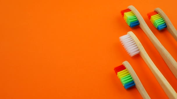 Cepillos de dientes de madera blancos y arco iris — Vídeo de stock