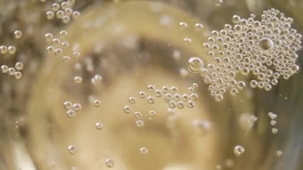 Muitas pequenas bolhas de champanhe em uma taça de champanhe — Vídeo de Stock