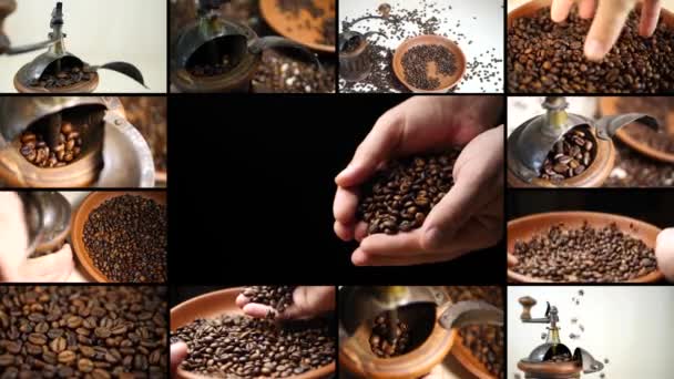 Antique coffee grinder with coffee beans — Stock Video
