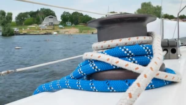 Yacht rope tackle during voyage or cruise — Stock Video