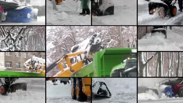 Man aan het werk met sneeuwblazer na winter storm — Stockvideo