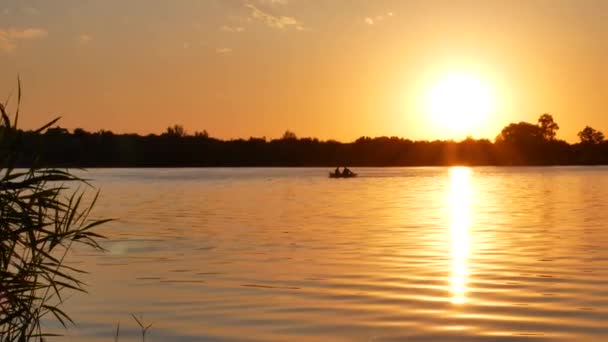 Pêcheurs naviguent dans un bateau sur le lac — Video