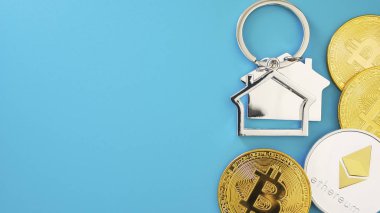 Finans çift veya Konut satış elemanı cryptocurrency eve boşaltmak metin için yeşil arka plan üzerinde satın almak için teklif