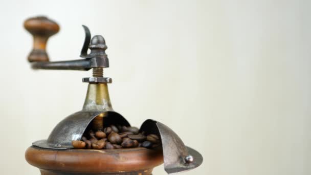 Vintage kaffekvarn med bruna bönor — Stockvideo