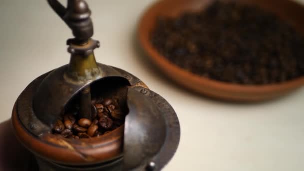 Hand of Barista Grinding Coffee Beans on Vintage Coffee Grinder — Stock Video