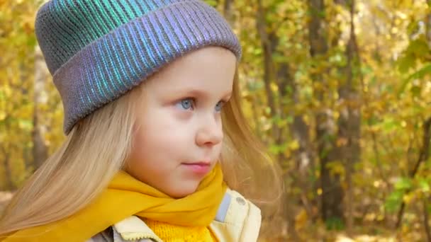 Menina bonito em chapéu de cor de néon azul e cachecol amarelo está sorrindo no parque no outono — Vídeo de Stock