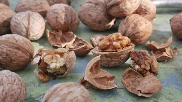 Ореховые ядра и целые грецкие орехи — стоковое видео