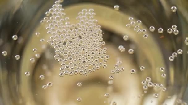 Muitas pequenas bolhas de champanhe em uma taça de champanhe — Vídeo de Stock