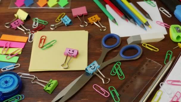 School Stationery on Brown Wooden Table — Stock Video