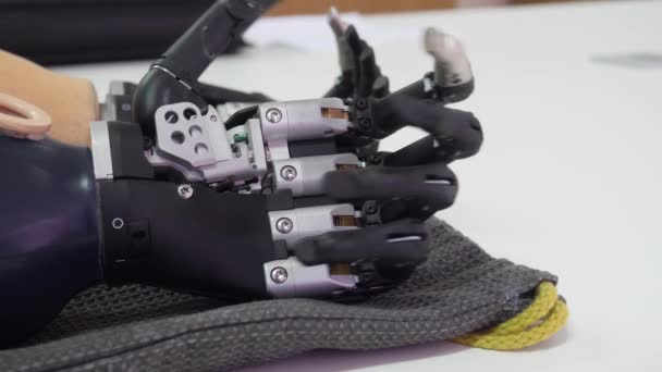 Black Prosthetic Robotic Hand — Stock Video