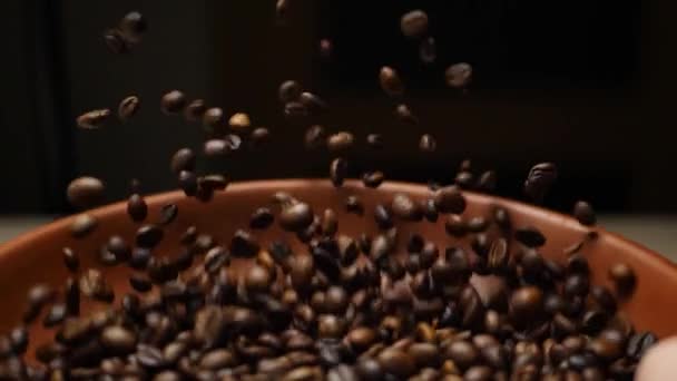 Farmer kastar upp rostade kaffebönor — Stockvideo