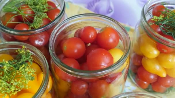 Hausfrau steckt Dill in Glas mit Tomaten — Stockvideo