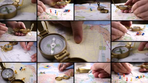 Kierunek wyszukiwania z kompasem na mapie — Wideo stockowe