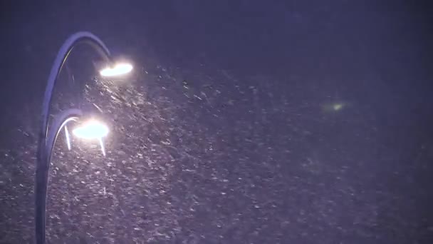 Caída de nieve y farola en la ciudad en invierno en ventisca — Vídeos de Stock