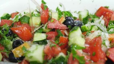 Kırmızı domatesli tuzlu salata, yeşil salatalık, soğan ve zeytin.