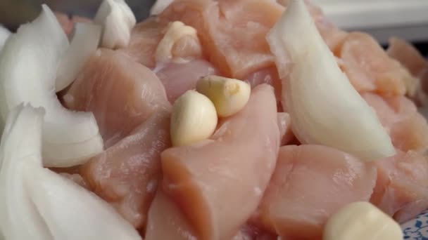 Tranches de viande de poulet avec ail et oignon — Video