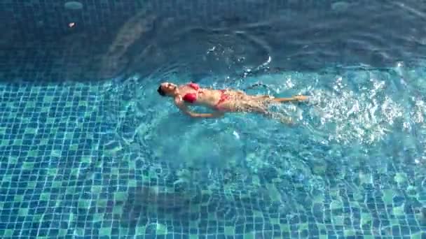 Beautiful lady in red swimsuit swim in swimming pool in sunlights on home garden — Stock Video