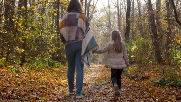 Joven madre con buena hija niña jugar al aire libre en otoño — Vídeo de stock
