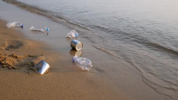 Plastic flessen en ijzeren blikken vuilnis op zandstrand — Stockvideo