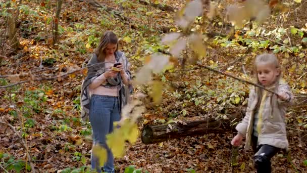 Madre y su hija jugando juntas en otoño caminan en la naturaleza al aire libre — Vídeos de Stock