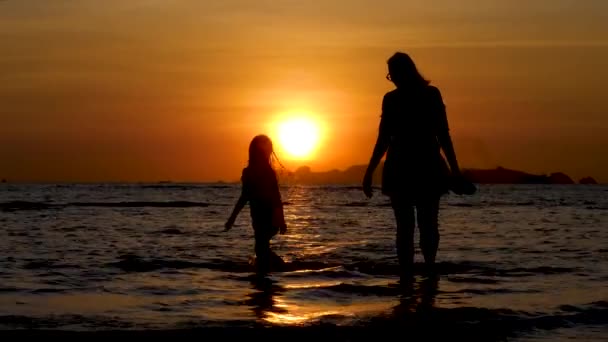 母親と娘のシルエットがドラマティック・サンセットを歩く — ストック動画