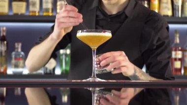 Barmen Bar Tezgahında Taze Alkolik Kokteyl Yapıyor