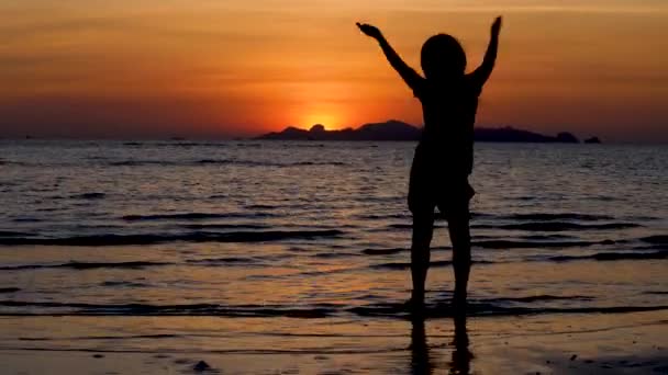 Kobieta Dziecko Taniec na dramatycznym tle zachód słońca — Wideo stockowe