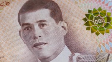 Kahverengi 1000 baht kağıt banknot. Tayland Kralı Maha Vajiralongkorn 'un yüzü.