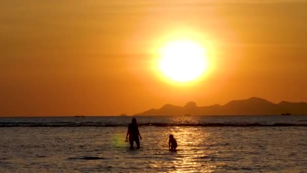 Ibu dan anak perempuan di latar belakang matahari terbenam — Stok Video