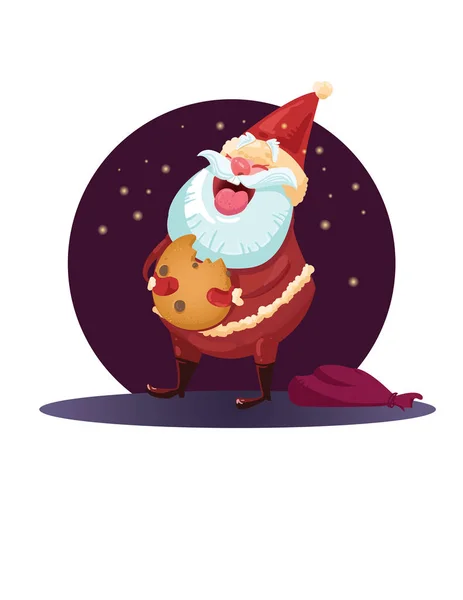 Rotund Divertente Babbo Natale Mangia Biscotti Illustrazione Vettoriale Sfondo Biglietto — Vettoriale Stock