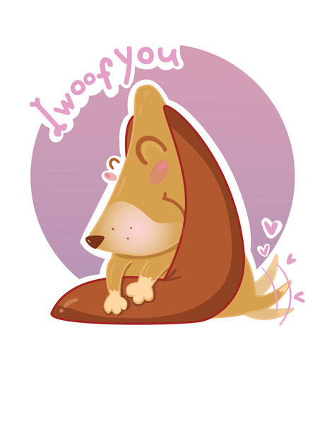 Illustration a cute dog with long ears happily wags its tail on a pink background