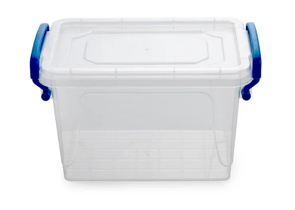 Lege Plastic Container Opbergdoos Lunchbox Met Een Blauwe Handgrepen Geïsoleerd — Stockfoto