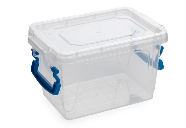 Lege Plastic Container Opbergdoos Lunchbox Met Een Blauwe Handgrepen Geïsoleerd — Stockfoto