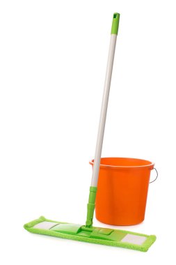 Mop with green microfiber rag, white plastic handle and orange bucket  isolated on a white background clipart