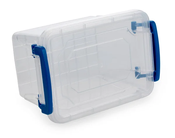 Lege Plastic Container Opbergdoos Lunchbox Met Een Blauwe Handgrepen Geïsoleerd — Stockfoto