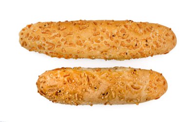 Beyaz, en iyi görünüm, izole peynirli taze çörek çifti yakından.