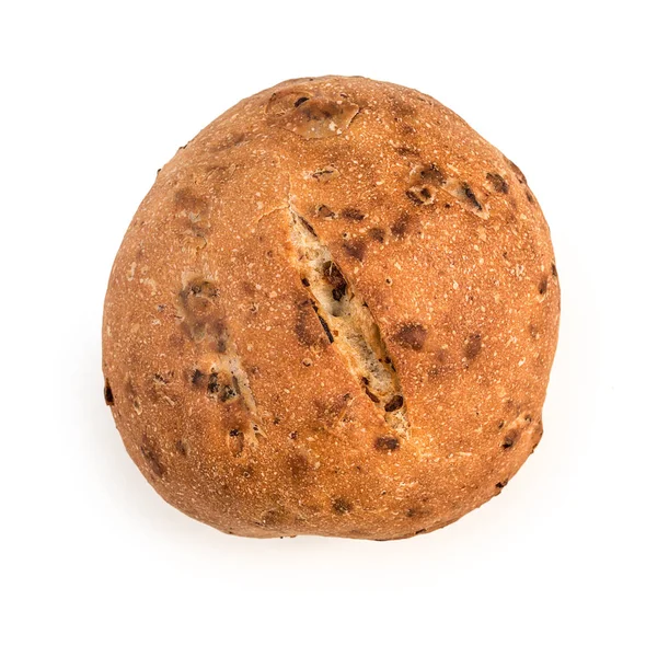 Pequeno Pão Redondo Com Cebola Frita Isolado Branco Vista Superior — Fotografia de Stock