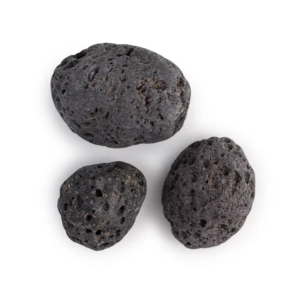Set de 3 piedras de lava negra canaria oscura aisladas sobre respaldo blanco Imágenes de stock libres de derechos