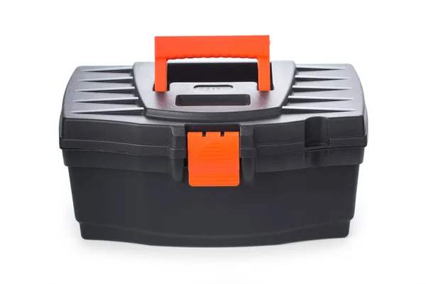 Schwarzer Werkzeugkasten mit orange-rotem Griff isoliert auf weißem Untergrund Stockbild