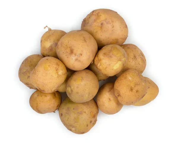 Haufen junger roher Kartoffeln isoliert auf weißem Hintergrund, Draufsicht. — Stockfoto