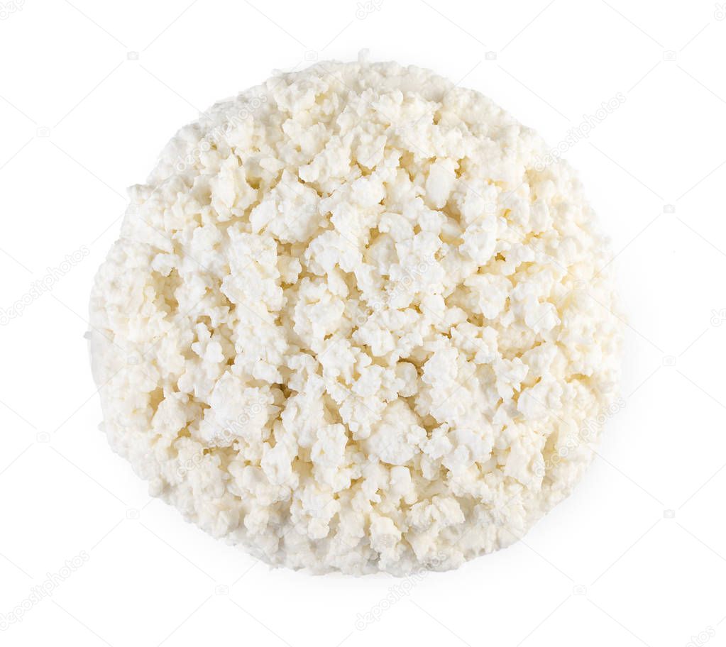 Round heap of cottage cheese isolated on white background, top v