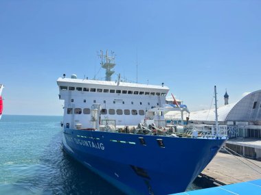 Massive blue cargo ship docked at sunny port ready for global transport operations