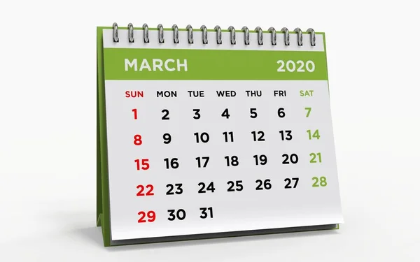 Calendario Tavolo Con Raccoglitore Anelli Marzo 2020 Rendering — Foto Stock