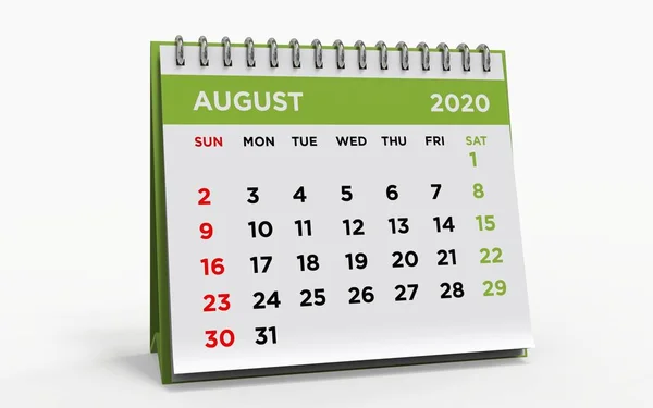 Calendario Tavolo Con Raccoglitore Anelli Agosto 2020 Rendering — Foto Stock