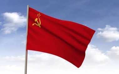 USSR flag on a sky background, 3d render. Flag of the Soviet Union.