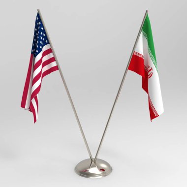 Table flags 3d render, US flag and Iran flag on a grey background